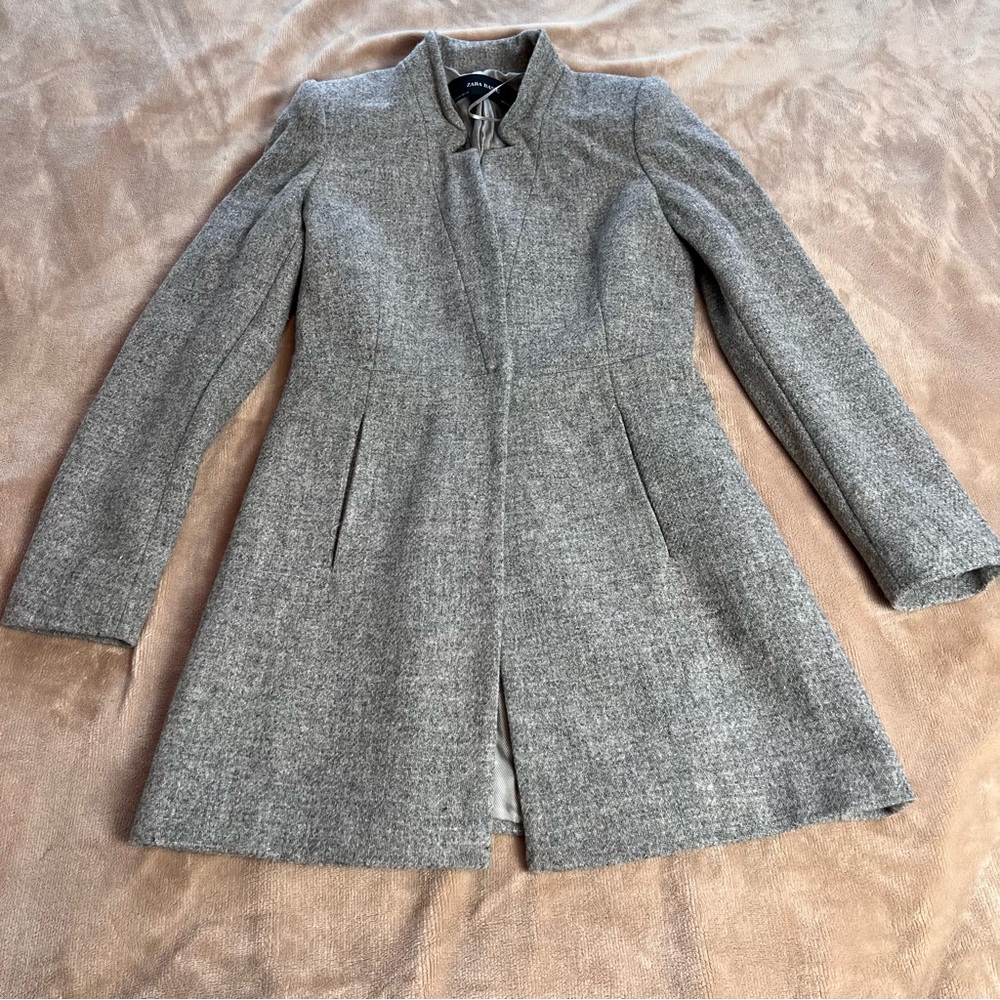 ZARA Grey Wool Inverted Lapel Collar Frock Long Blazer Coat - Size XS